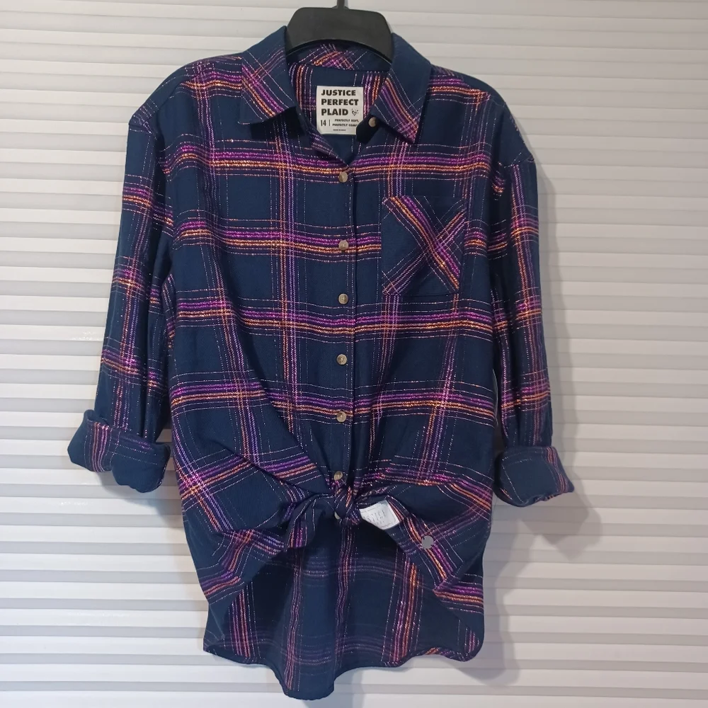 Justice Perfect Plaid Button-Up Top Multi/Navy Color